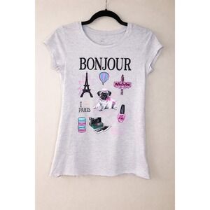 Girls‎ Bonjour Paris Pug Graphic T Shirt White Short Sleeve Raw Hem Size 14 16